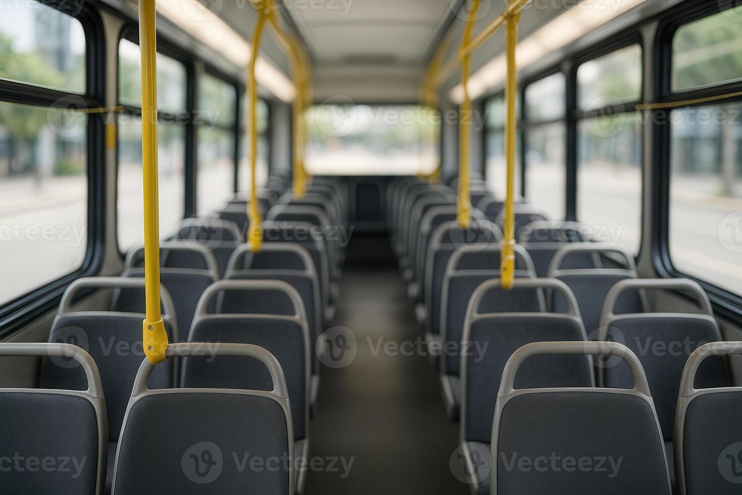 Pristine Interior Of Modern Public Transit Bus With Rows Of Empty Seats And Yellow Rails In Daylight Urban Setting photo