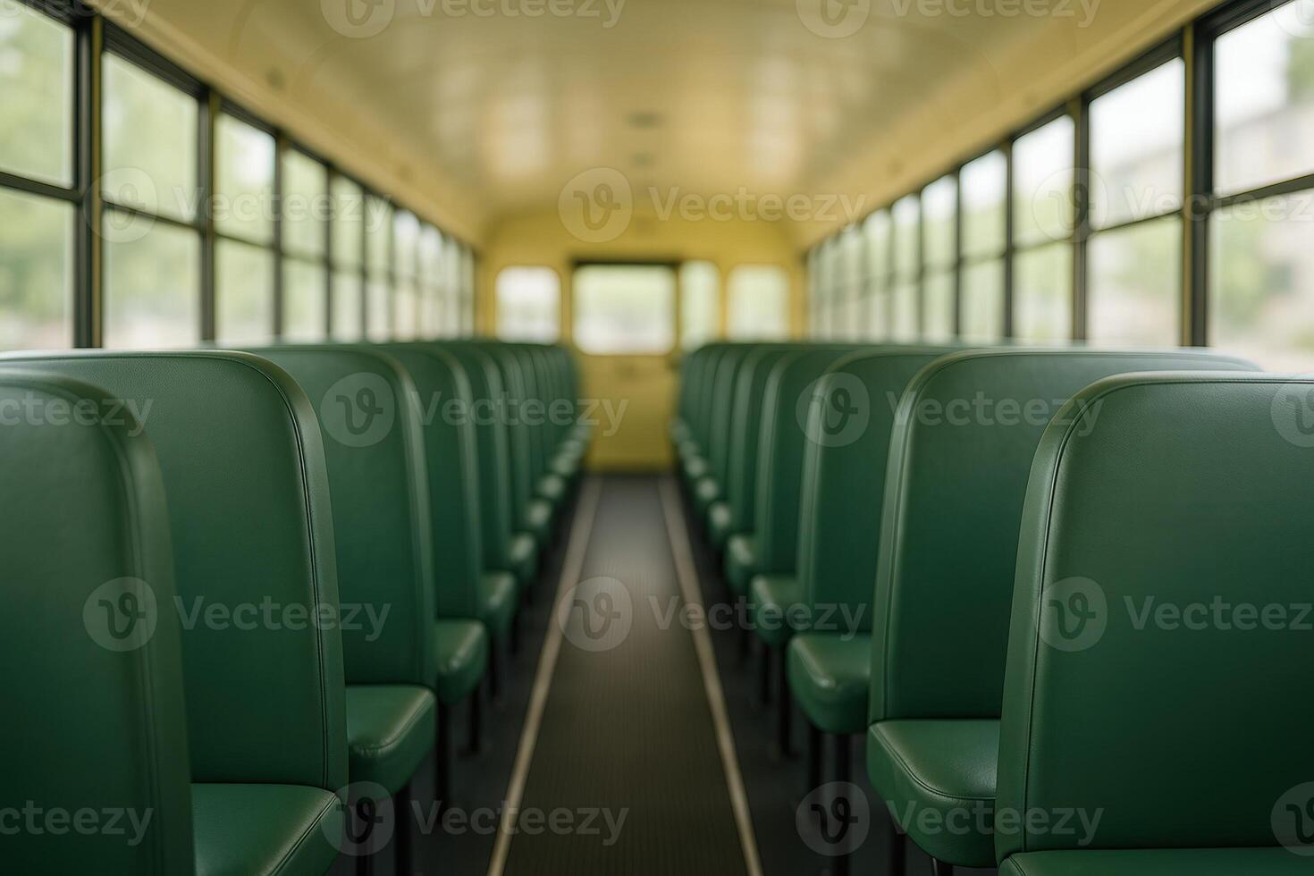 Pristine School Bus Interior with Symmetrical Green Seats and Bright Lighting for Educational Transportation Design photo