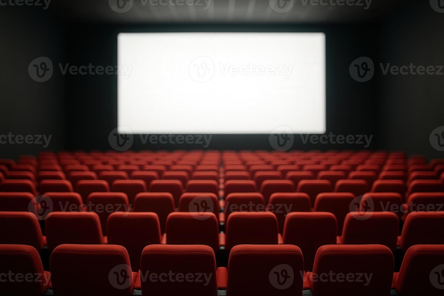 Rows of Red Theater Seats in a Dimly Lit Auditorium Facing a Large Blank Screen Ready for Movie Screening or Event photo