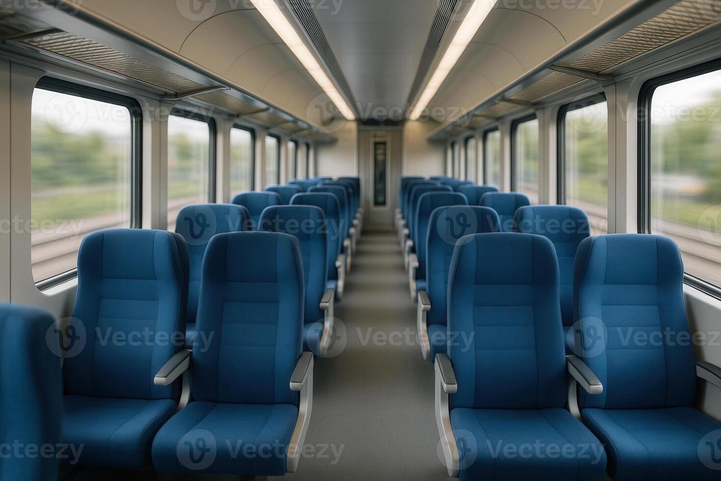 Modern Sleek Train Interior With Rows Of Blue Seats And Large Windows For Comfortable Travel photo