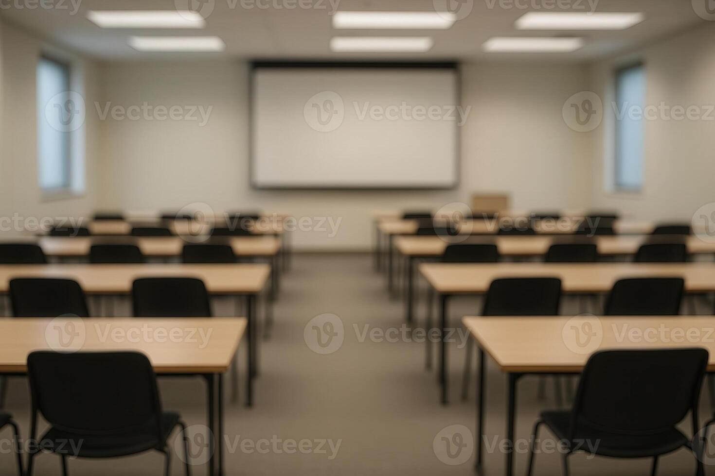 Modern Training Room with Projector and Wooden Tables in Corporate Office Setting for Effective Presentations and Workshops photo