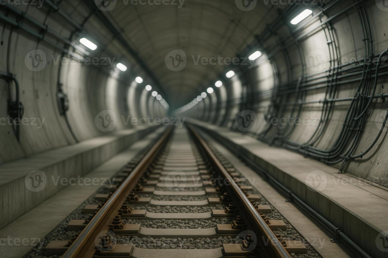Subway Tunnel Interior with Illuminated Tracks and Modern Architecture Perspective photo