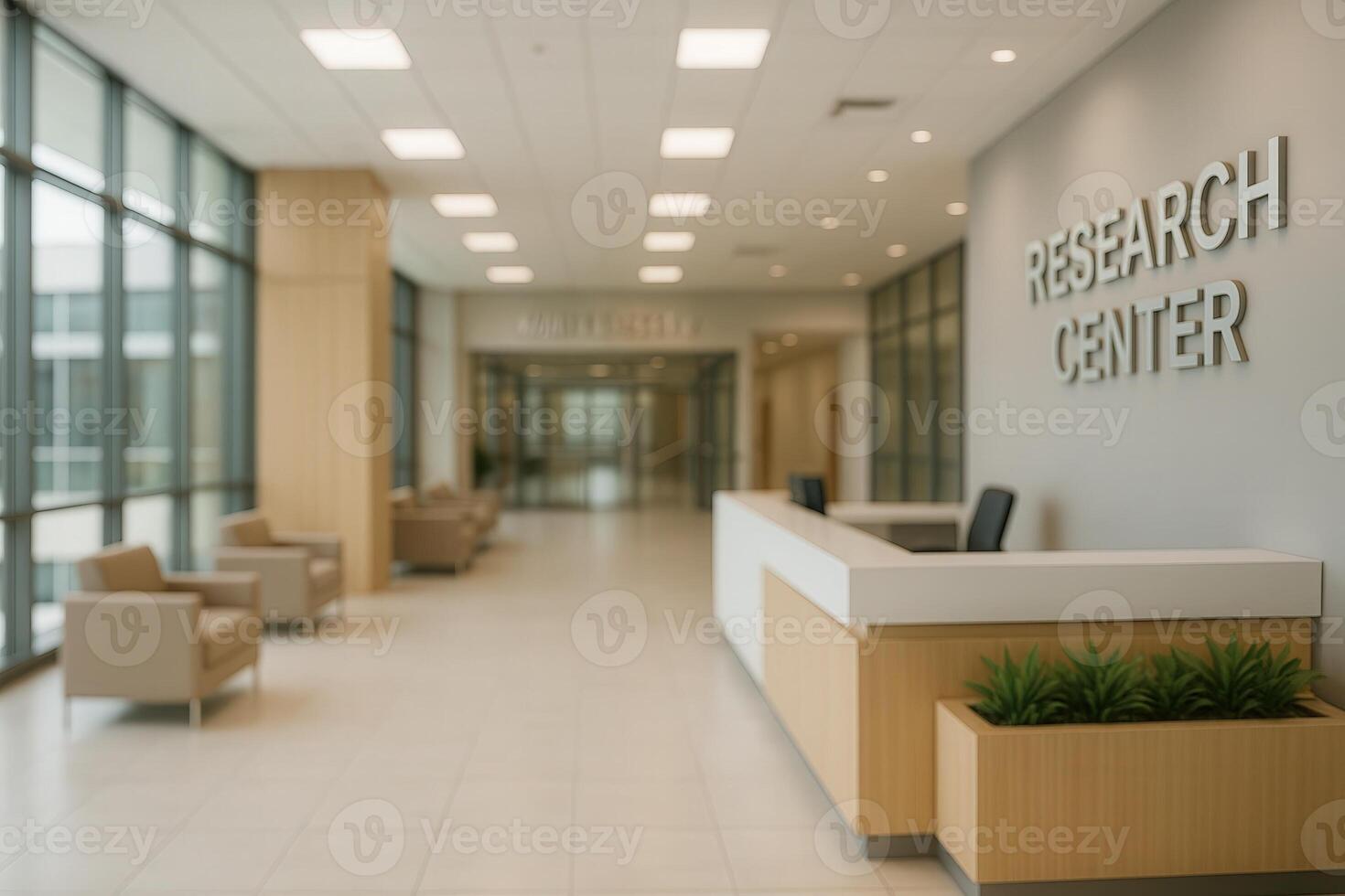 Modern University Research Center Lobby with Bright Lighting and Natural Light photo