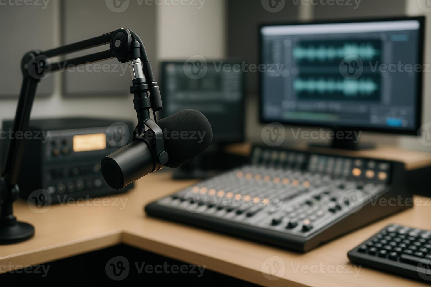 Professional Radio Studio with Microphone and Mixing Console in Blurred Background Setting for Broadcasting and Podcast Production photo