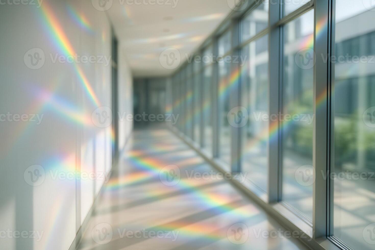 Prismatic Light Show in Sunlit Corridor with Vibrant Rainbow Reflections on Glass Walls Creating Ethereal and Abstract Blur photo