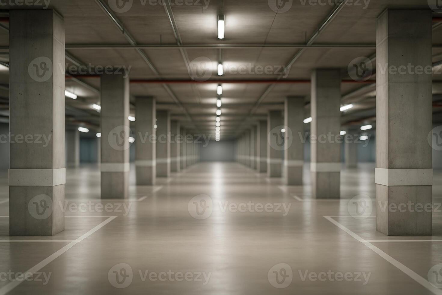 Underground Parking Interior with Blurred Background Featuring Concrete Columns and Modern Lighting Urban Setting photo