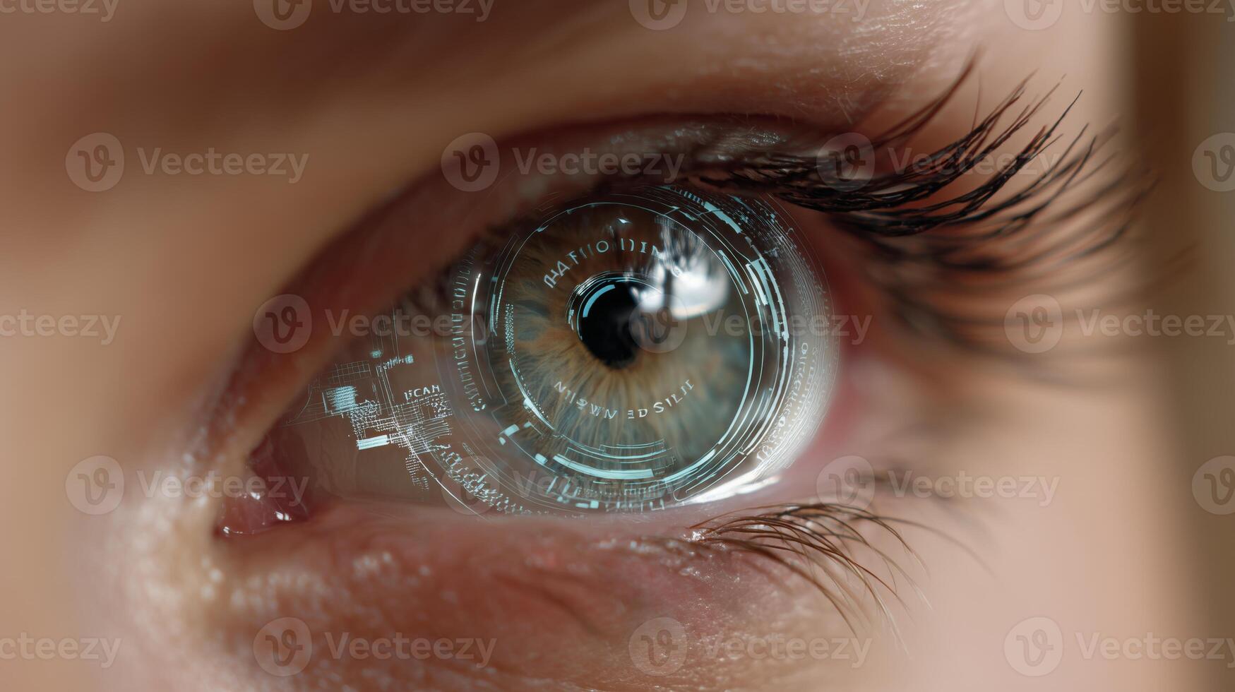 A detailed view of an eye integrated with advanced biometric technology is displayed. The eye features an overlay of digital patterns showcasing recognition capabilities like fingerprint analysis. photo