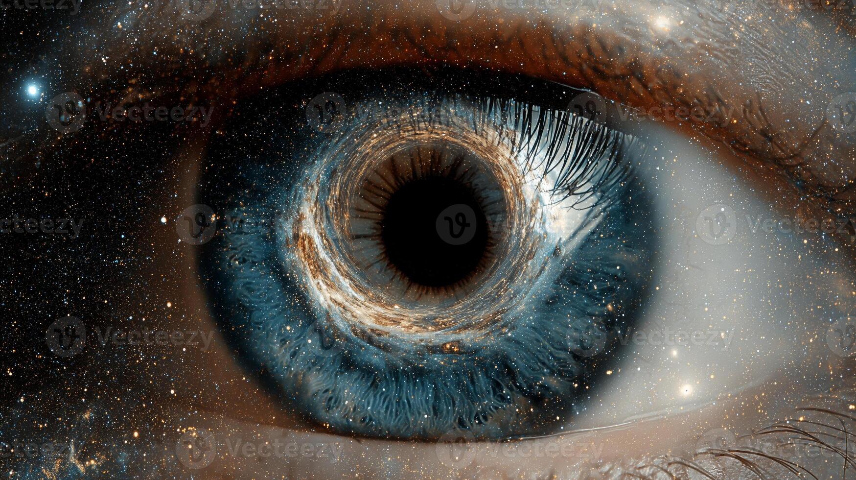 An intricate close-up of a biometric eye showcasing advanced security technology. The pupil resembles a swirling cosmic vortex, emphasizing the blend of biology and digital innovation. photo