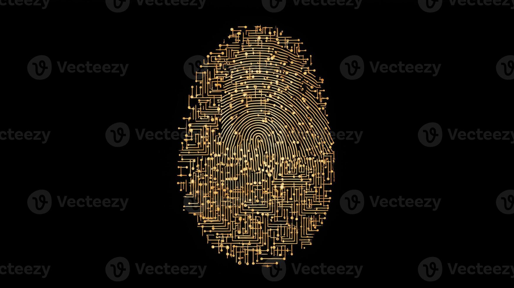 A detailed close-up of a biometric fingerprint depicted with intricate circuitry patterns on a black background. This representation emphasizes the fusion of technology and personal identity security. photo