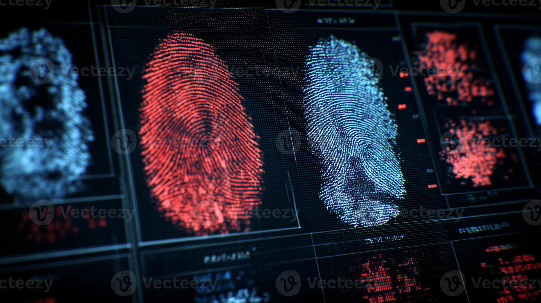 Biometric technologies are showcased through a digital interface displaying detailed eye scans and fingerprint patterns. This innovative approach highlights security advancements in identification. photo