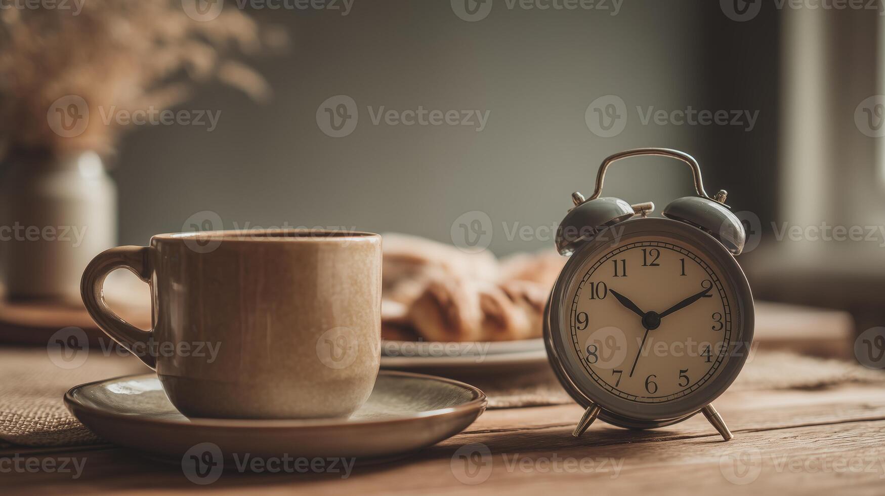 Mugs of coffee and an alarm clock rest on an empty breakfast table, embodying a moment of calm during intermittent fasting in the early morning light. photo