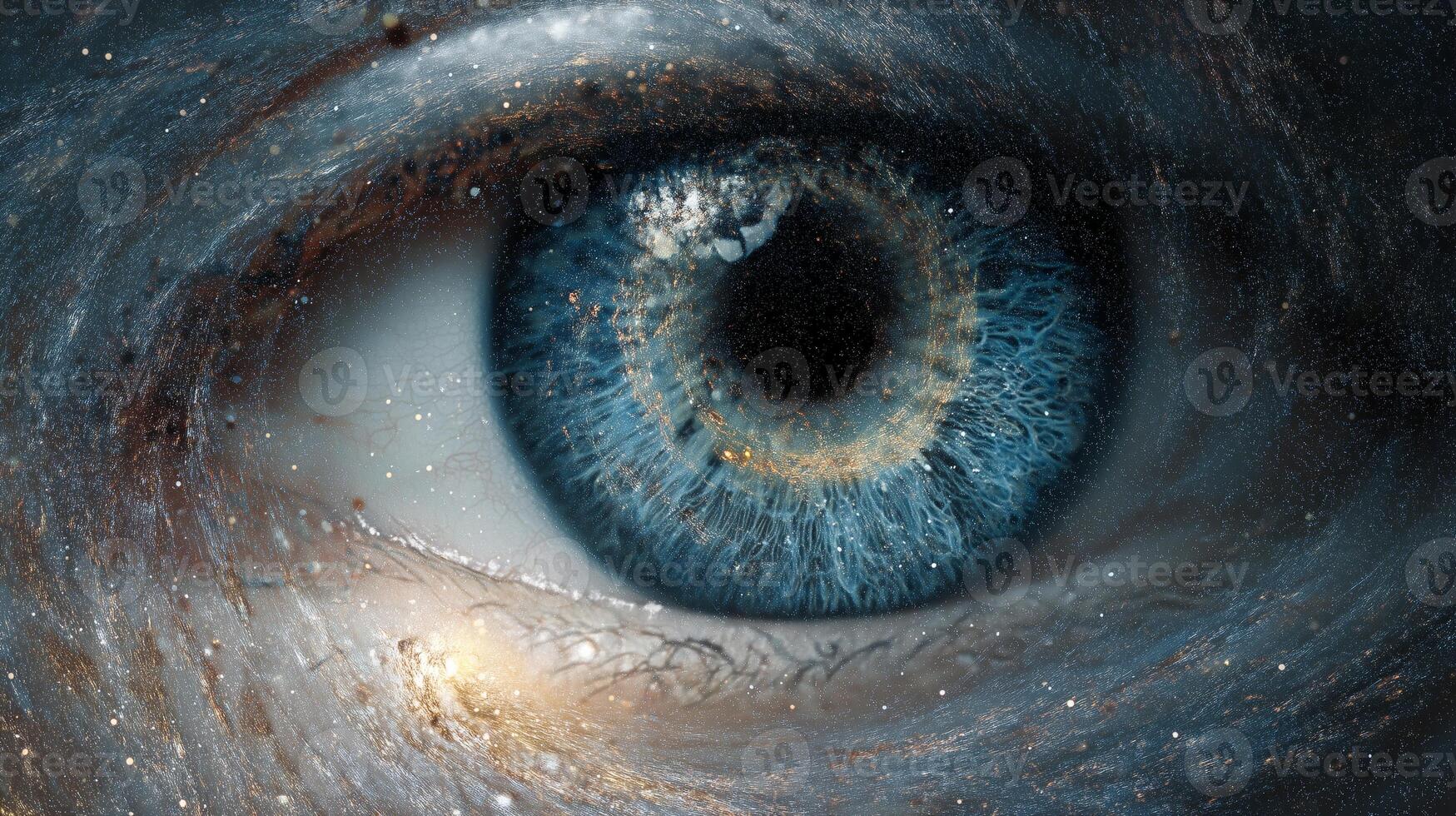 In a futuristic digital environment, detailed close-up of a human eye reveals its stunning patterns and textures, reflecting biometric technology's potential in security and identification. photo