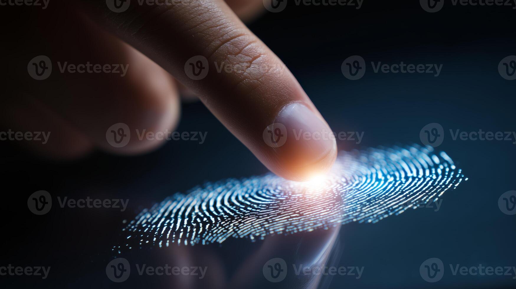 A finger gently touches a glowing fingerprint pattern on a digital surface, highlighting biometric identification technology and its focus on security and innovation. photo