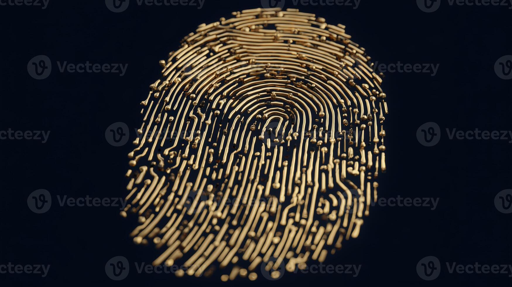 A detailed biometric fingerprint composed of golden lines is displayed against a solid background, highlighting the unique patterns used for identification and security purposes. photo