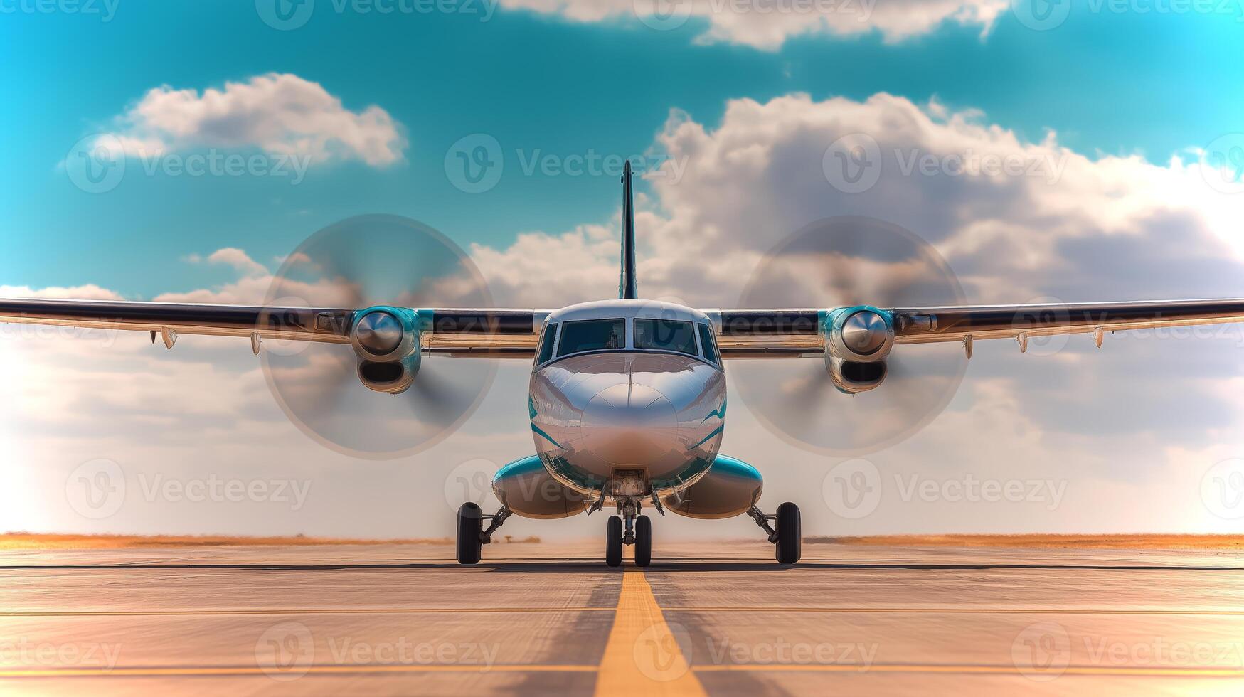 An airplane is positioned on the runway, ready to take off. The sky is mostly clear with a few clouds, and the sunlight highlights the aircraft's shiny exterior. photo