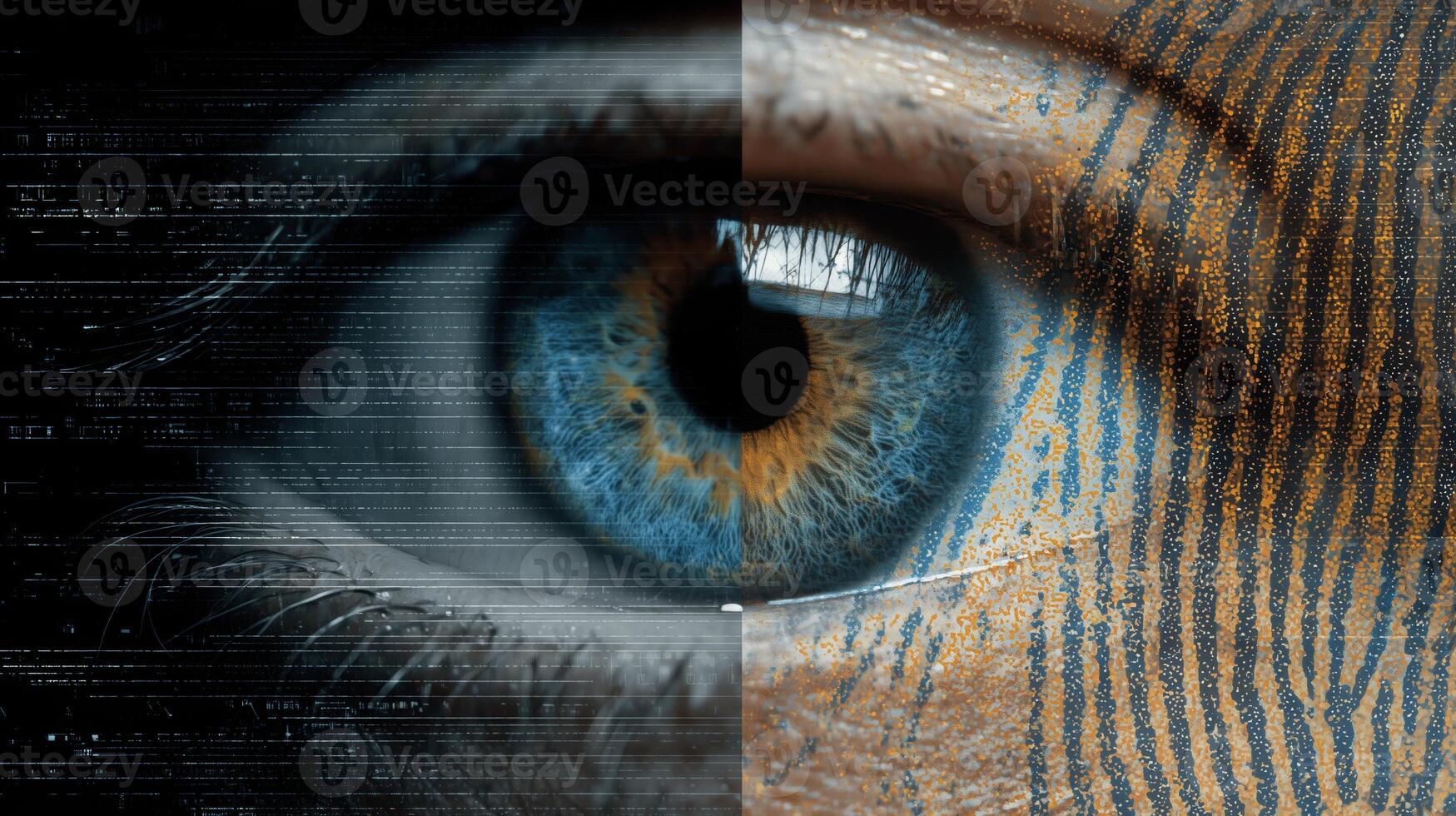 Biometric technologies are combined in a visually striking representation showcasing an eye and fingerprint. photo