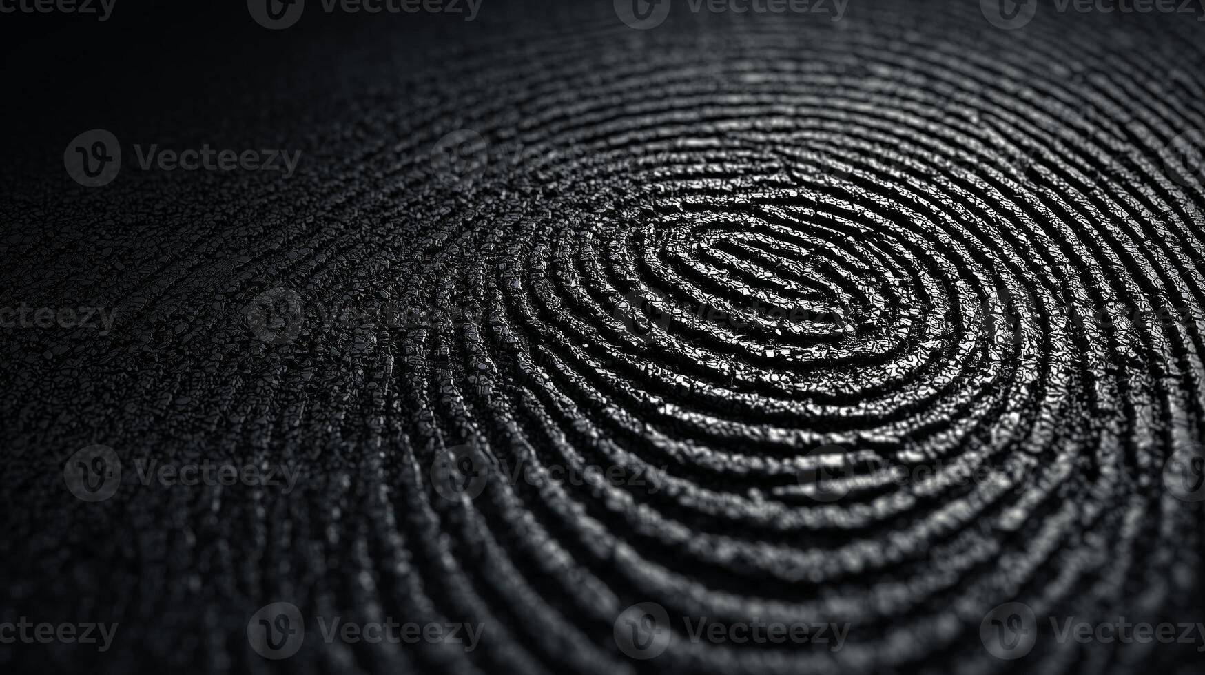 Detailed exploration of biometric patterns focusing on an intricate fingerprint design etched into a textured black surface, highlighting unique lines and curves. photo