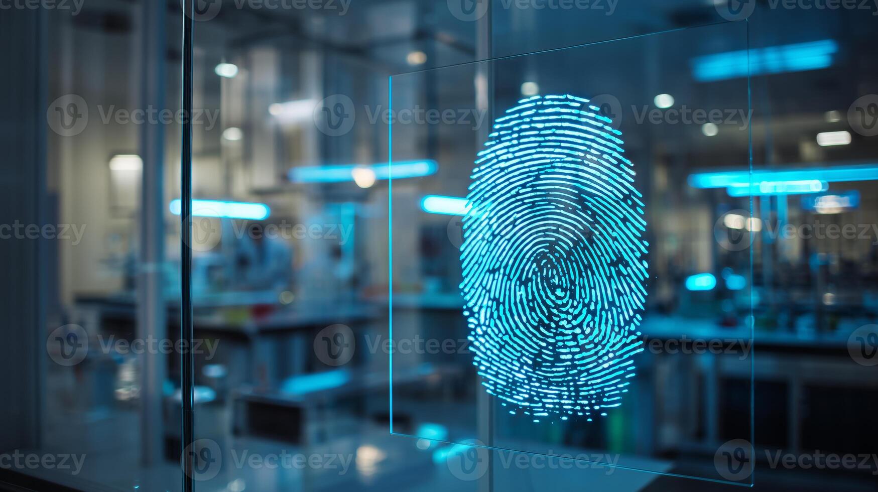 A vibrant digital representation of a fingerprint is displayed on a transparent panel. photo