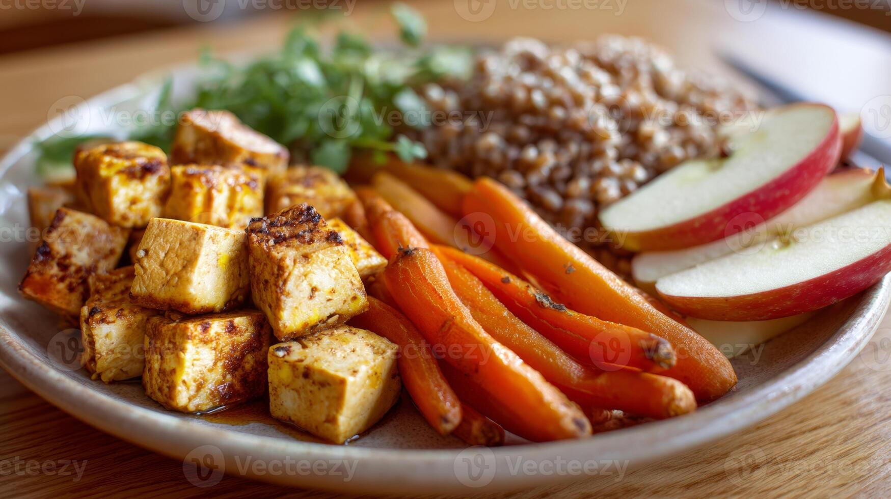 This diabetic-friendly lunch plate includes seasoned tofu cubes, cooked buckwheat, steamed carrots, and fresh apple slices. A nutritious meal option designed for balanced eating habits. photo