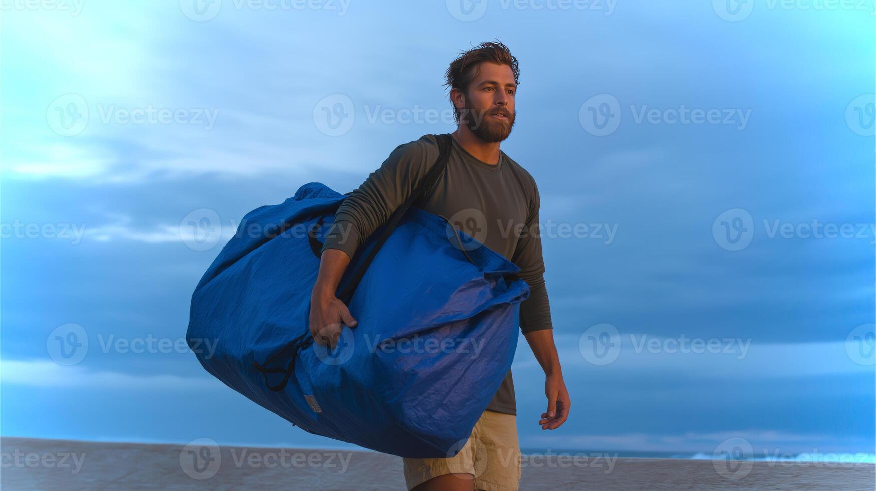 A man walks along the shore with a large blue bag, set against a backdrop of a twilight sky and ocean waves. The serene mood evokes a sense of adventure. photo