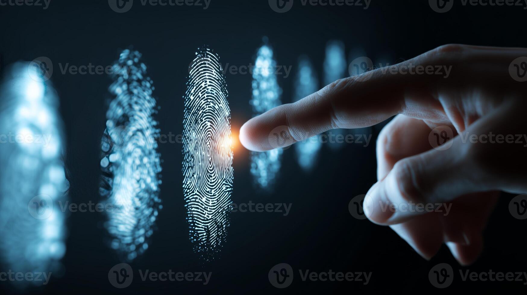 A close-up view reveals a hand pressing against a series of illuminated fingerprint patterns, showcasing the integration of biometric identification and modern security technology. photo
