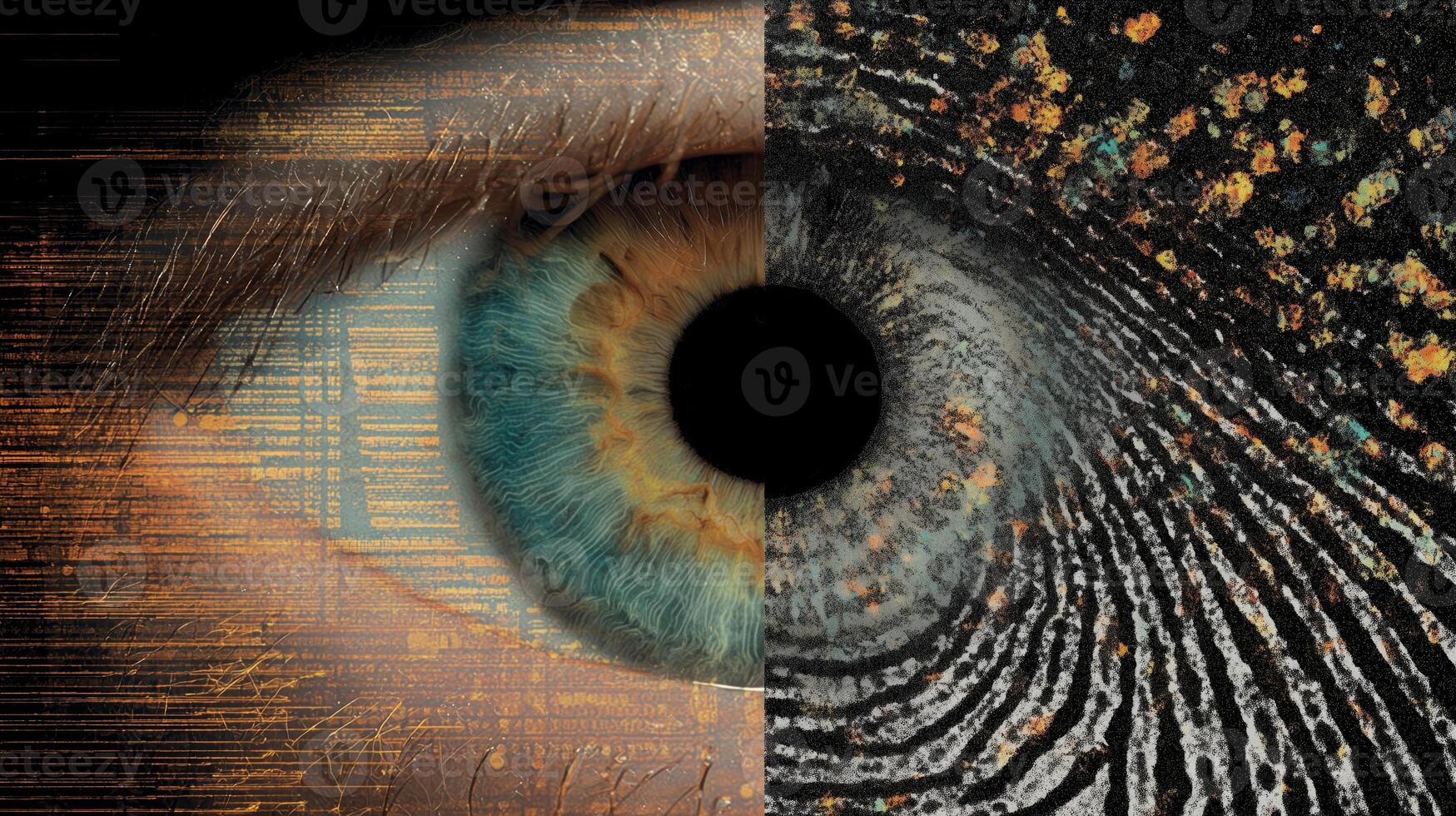 Biometric technology is highlighted through a detailed representation of an eye and a fingerprint. This visual showcases the intersection of personal identification methods. photo