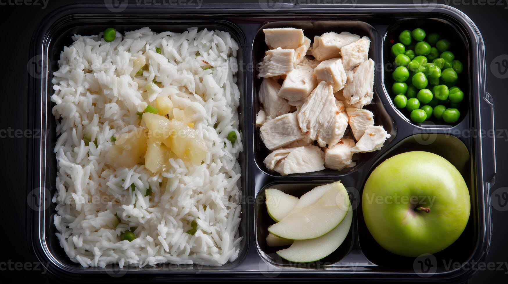 This meal consists of rice, chicken, and green peas paired with apple slices and water, designed for those managing diabetes, offering balanced nutrition. photo