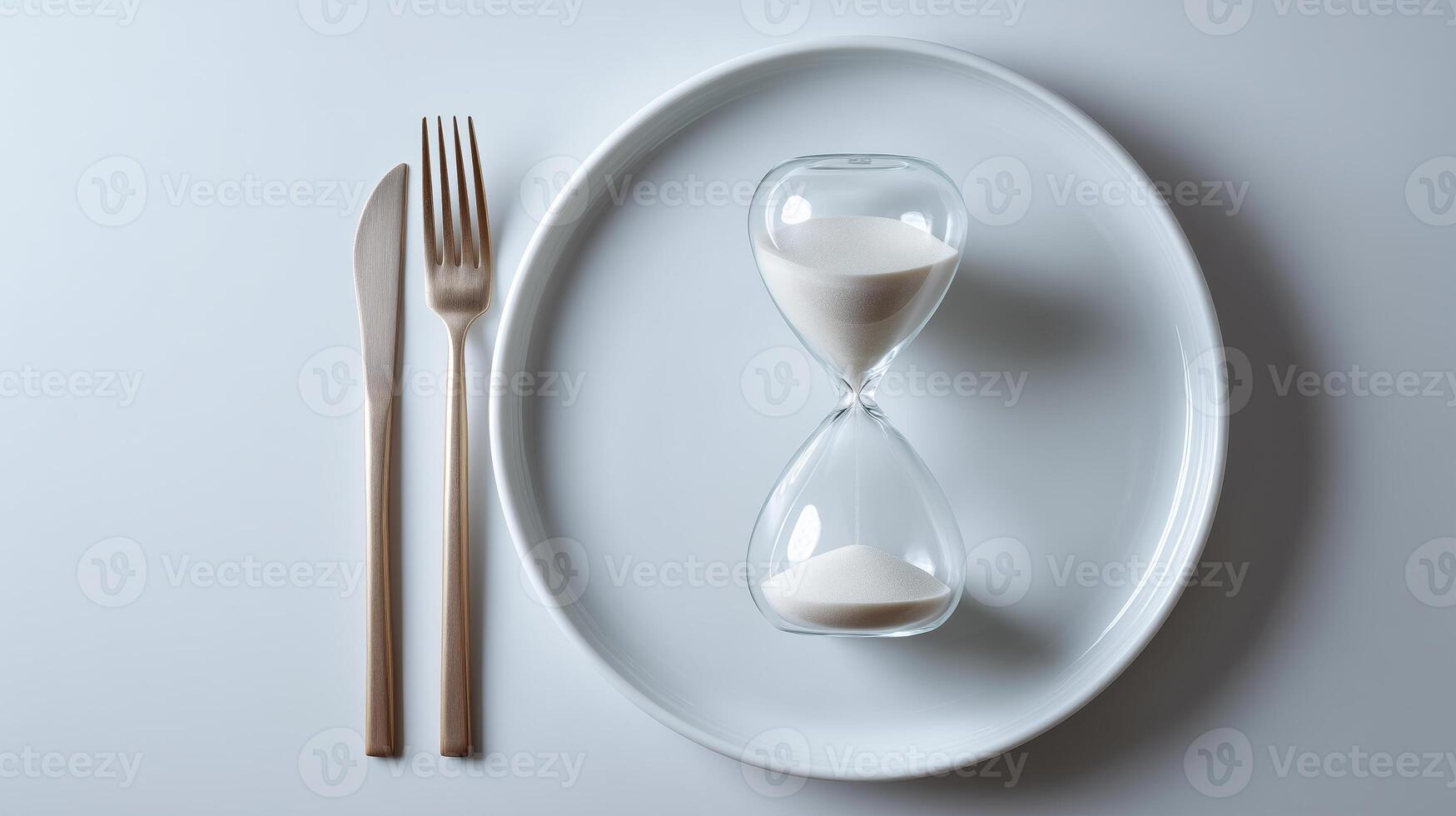 An empty plate features a glass hourglass in the center, symbolizing time management in intermittent fasting. A knife and fork sit evenly on either side, reflecting a minimalist aesthetic. photo