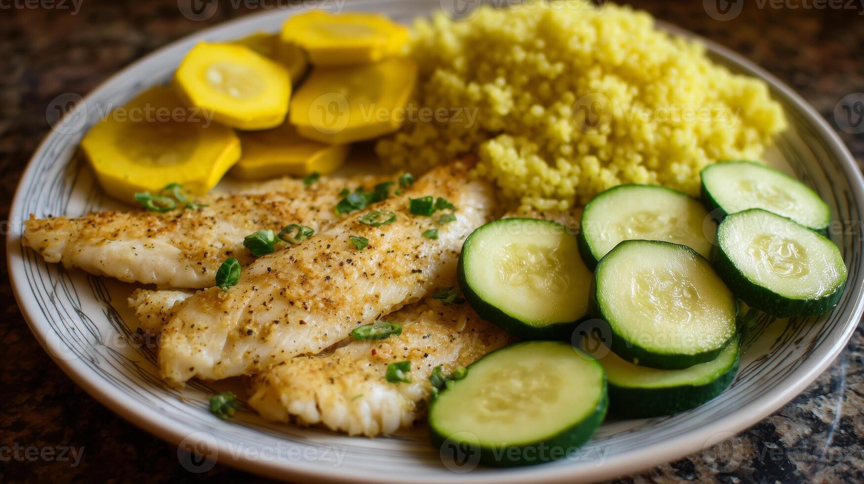 This diabetic portion plate showcases a serving of grilled fish, accompanied by steamed yellow squash, fluffy couscous, and crisp cucumber slices. A balanced meal designed for health. photo