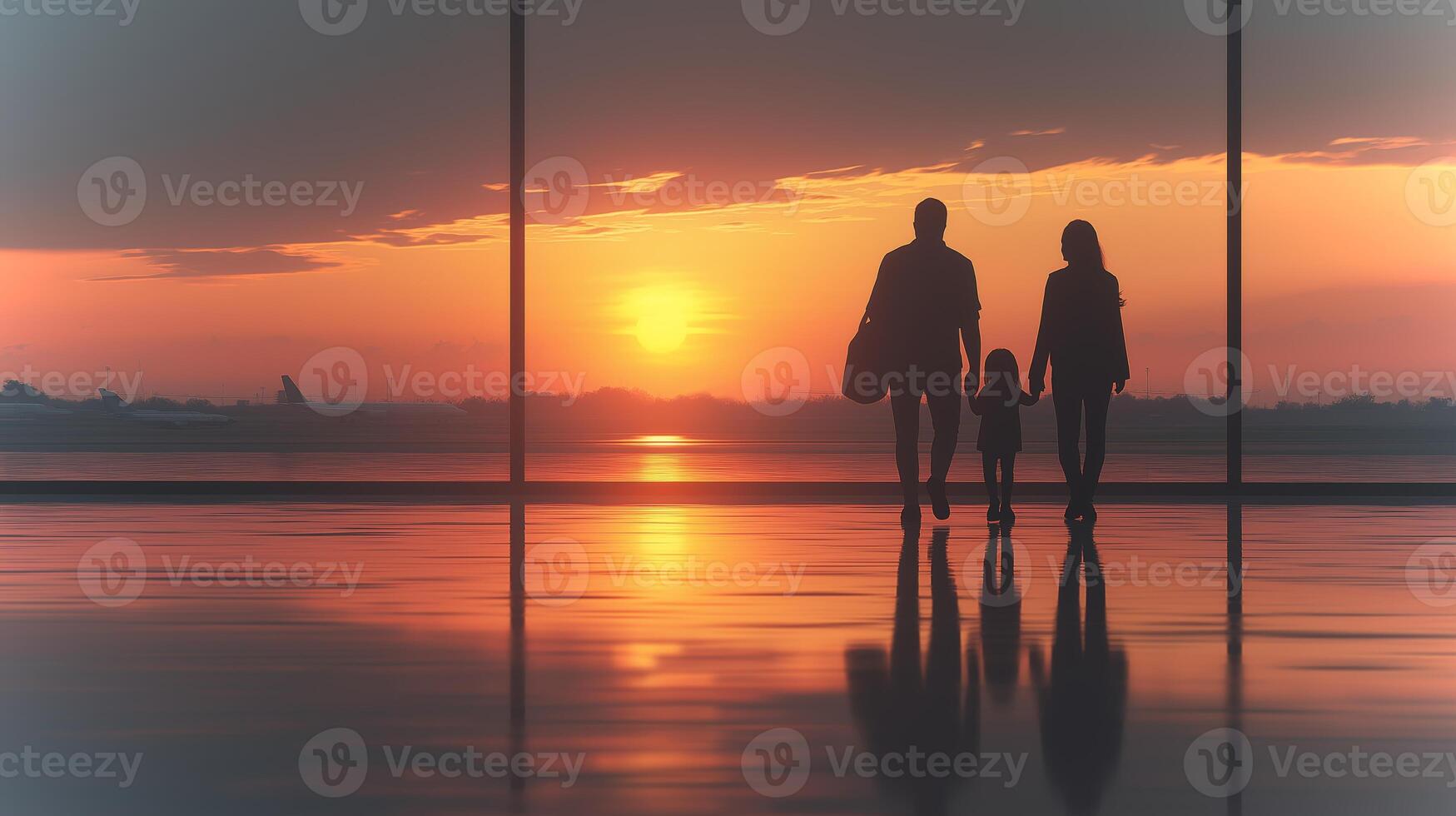 A family of three enjoys a serene sunset while walking through the airport terminal, casting long shadows on the polished floor. photo