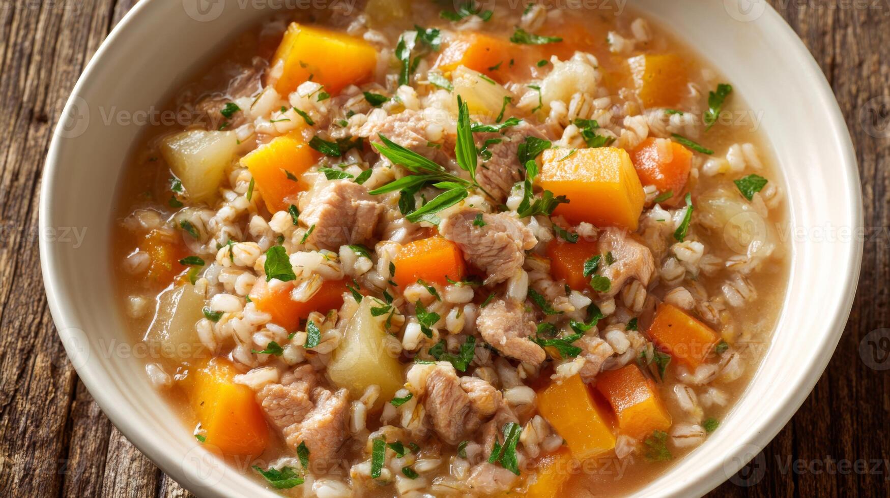 This hearty stew showcases barley, diced turkey, and a mix of colorful root vegetables. Perfectly balanced for a diabetic-friendly meal, it's comforting and nutritious, ideal for any time. photo