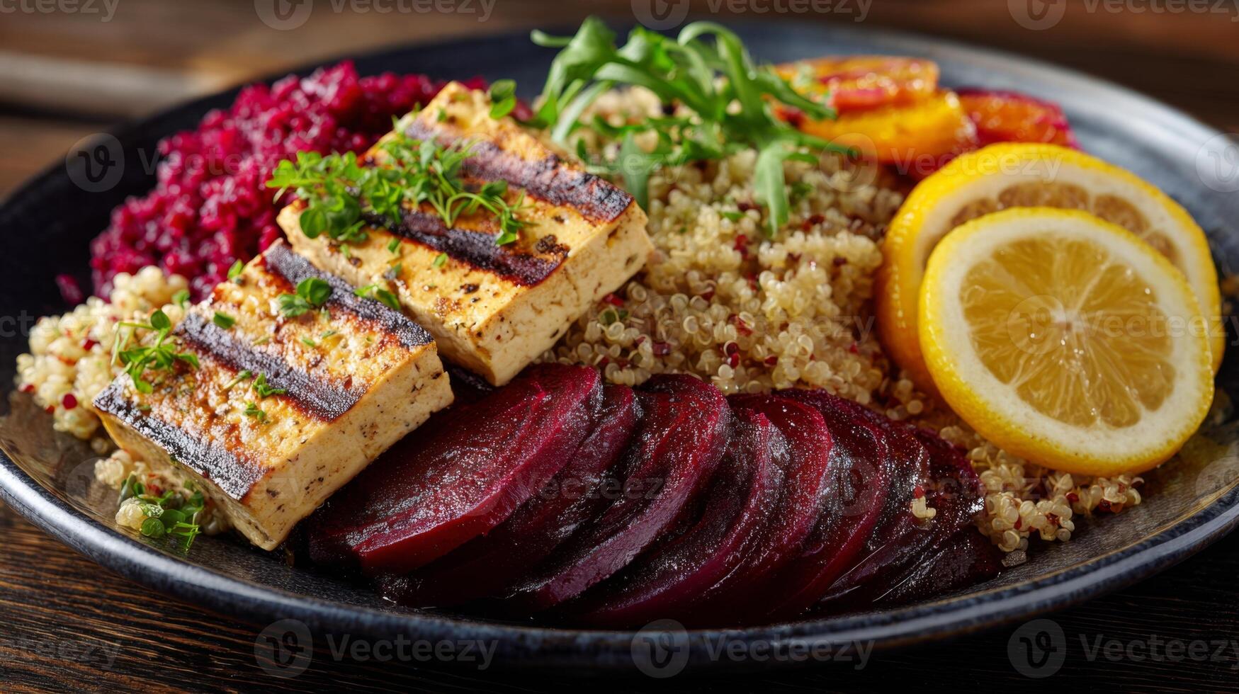 Enjoy a visually appealing and healthy diabetic-friendly plate filled with grilled tofu, vibrant quinoa, roasted beets, and fresh citrus slices. Ideal for a balanced meal. photo