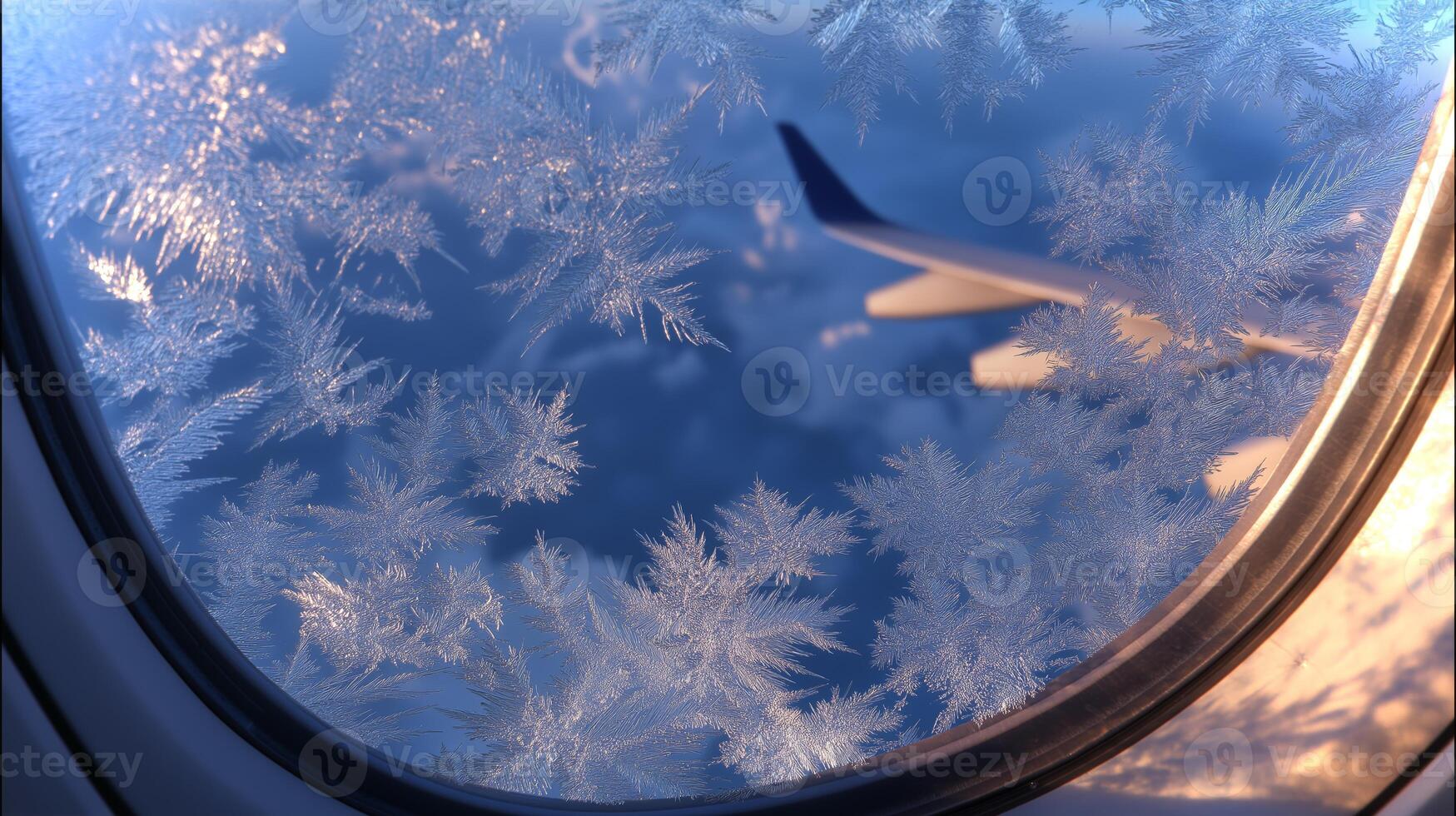 A frosty airplane window showcases intricate ice patterns while offering a view of clouds below during a sunset flight. photo