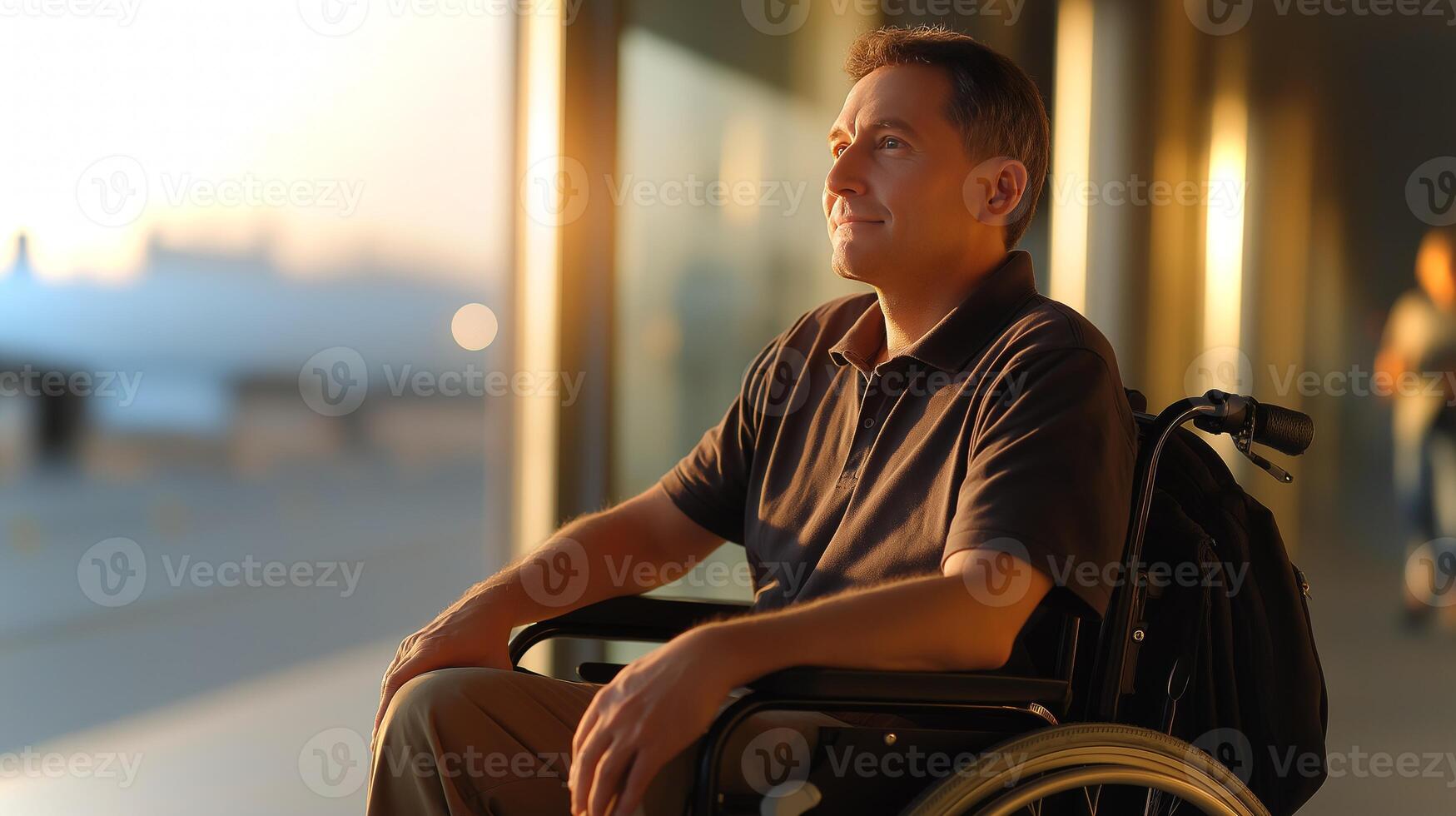 A man in a wheelchair sits comfortably in a bright airport terminal, gazing out at a beautiful sunset while waiting. The atmosphere is serene and hopeful. photo