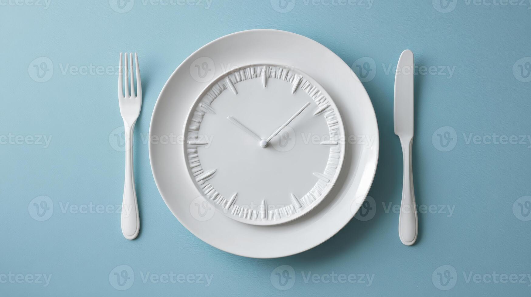 A clean aesthetic plate mimics a clock with fork and knife positioned as hands, emphasizing a creative culinary experience. This artistic design blends functionality with visual appeal. photo