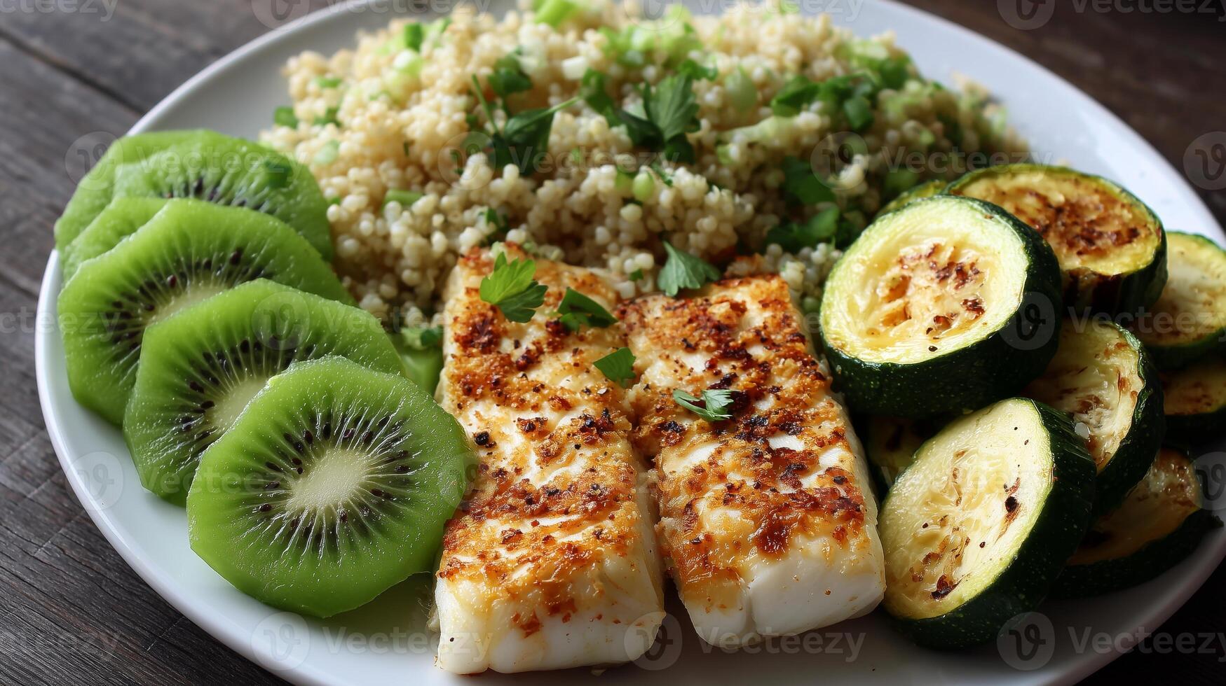 This diabetic friendly dinner features grilled cod fillets alongside fluffy bulgur, sauteed zucchini, and fresh kiwi slices, creating a nutritious and balanced meal. photo