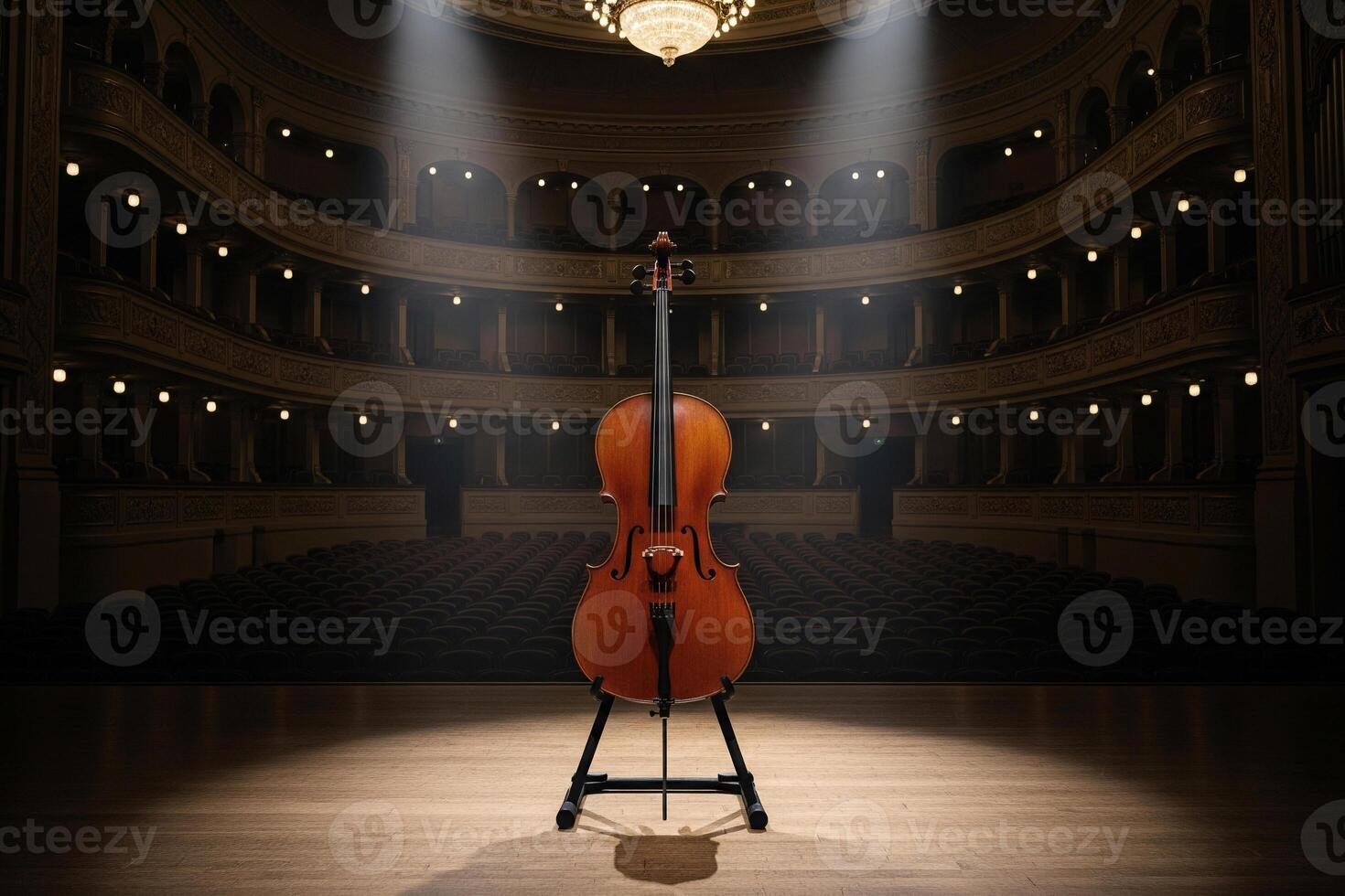 A Solitary Cello Illuminated by Spotlights on an Empty, Ornate Theater Stage photo