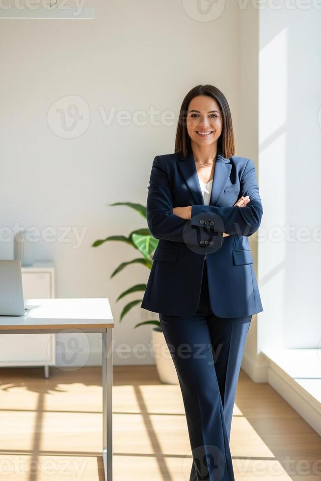 Confident Brunette Businesswoman in Navy Suit, Arms Crossed, Smiling in Bright Office photo