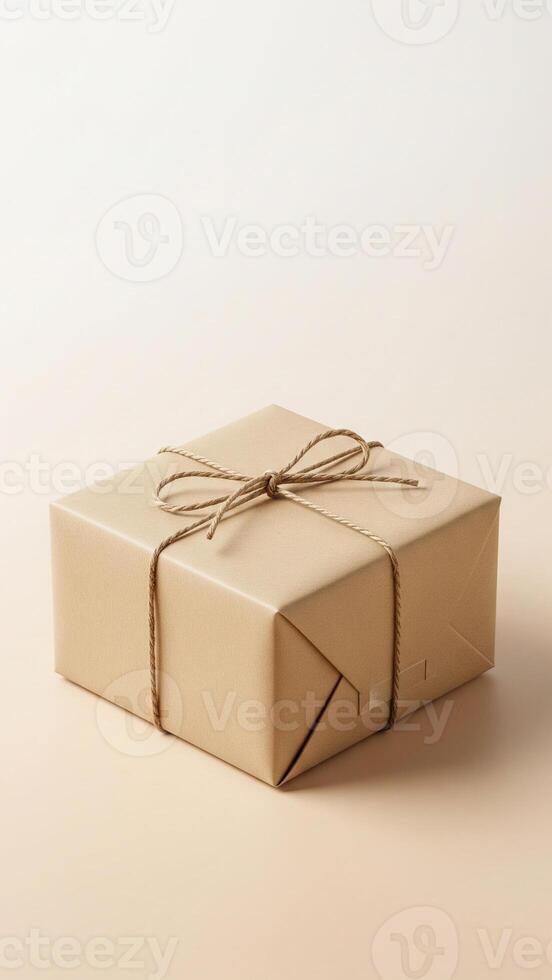 Minimalist Kraft Paper Gift Box Tied with Twine on a Soft Beige Background photo