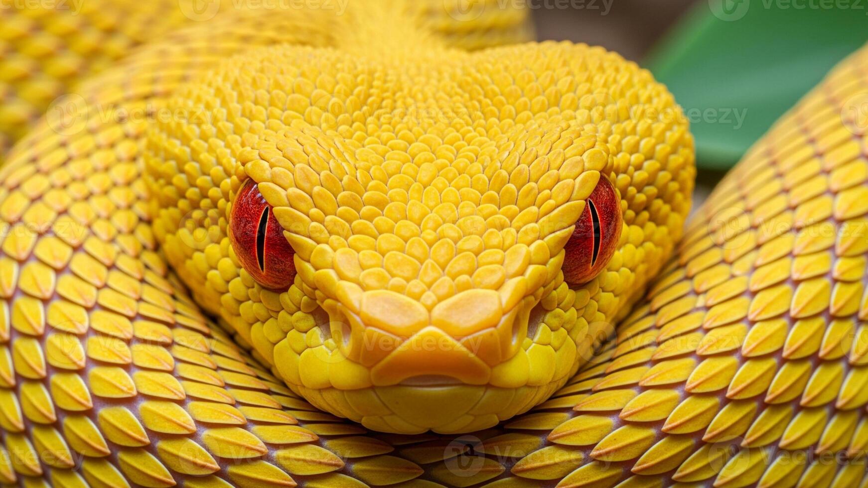 Striking Macro Portrait of a Coiled Yellow Viper with Intense Ruby-Red Eyes photo