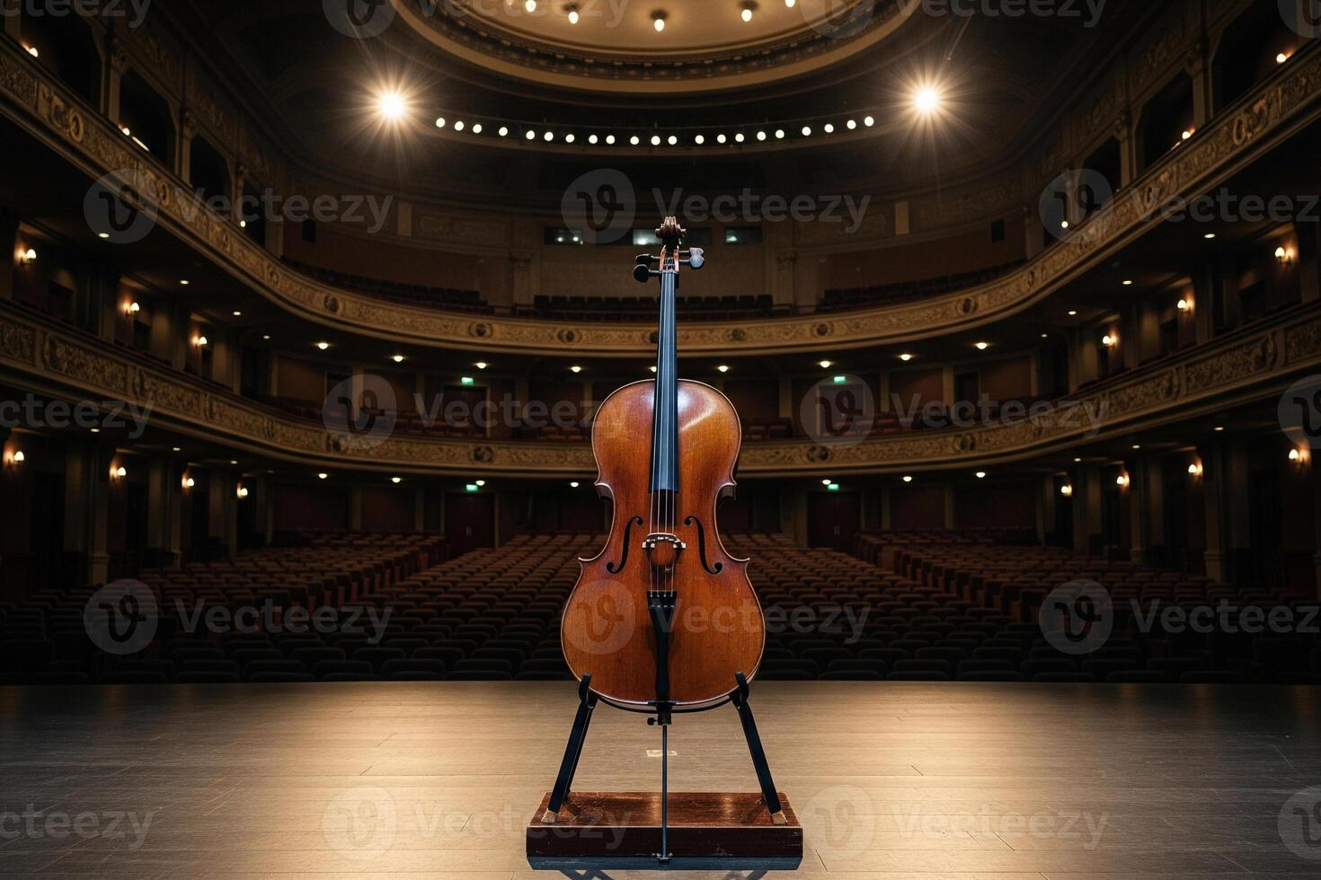 A Solitary Cello Under the Spotlight, Awaiting Performance in a Grand, Empty Theater. photo