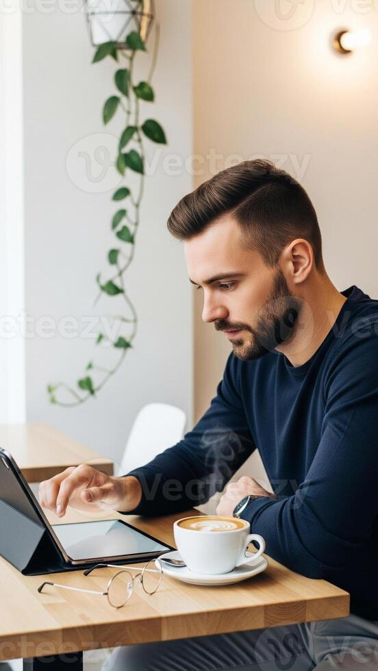 Focused Man Using Tablet with Coffee, Modern Cafe Setting, Natural Light. photo