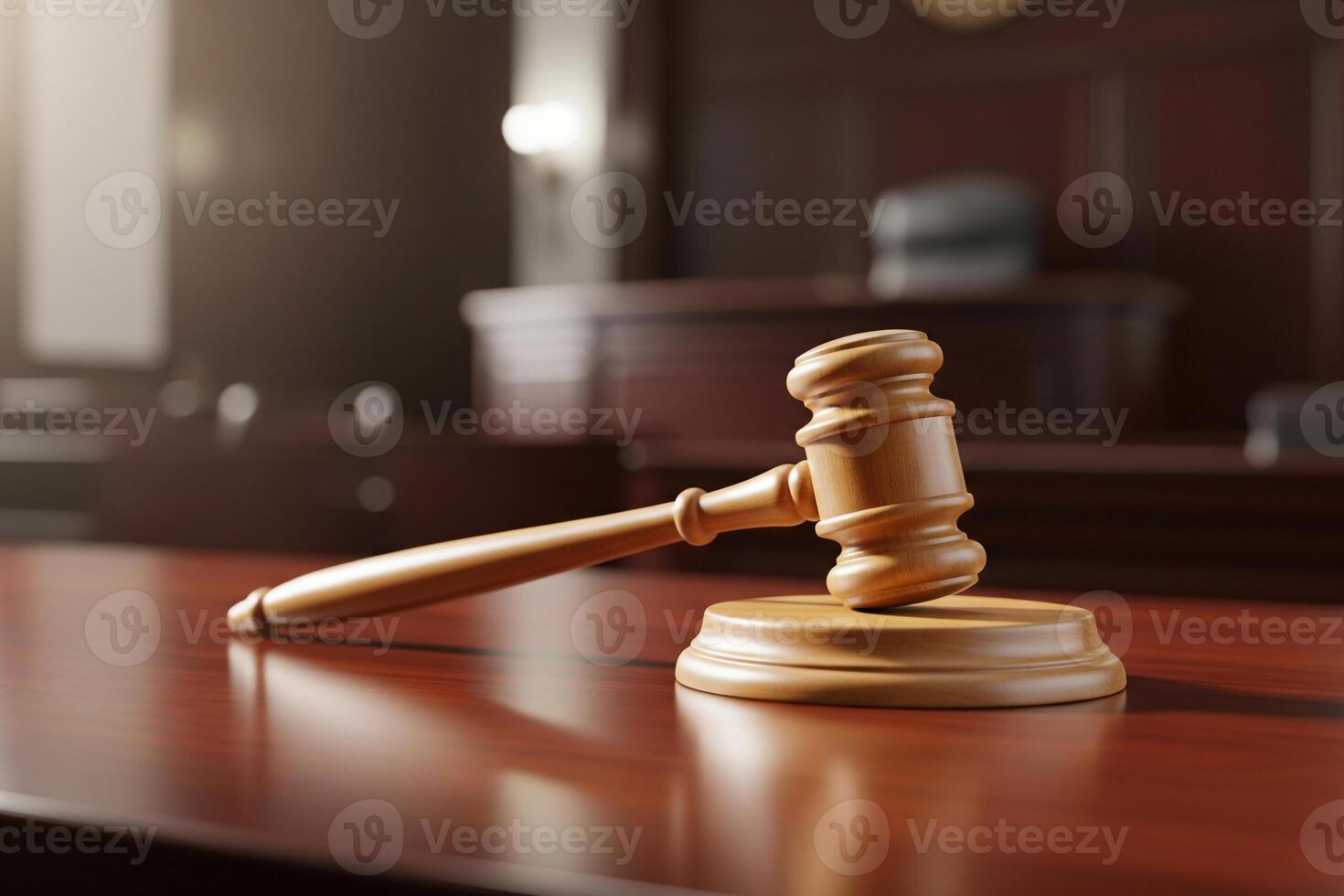 Wooden Gavel Resting on Polished Wood Block in Dimly Lit Courtroom photo