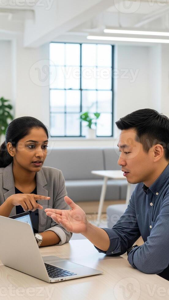 Focused Collaboration Diverse Professionals Strategizing with a Laptop in a Bright Office photo