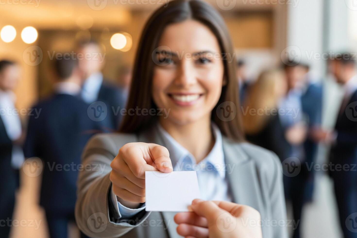 Making a Connection Smiling Woman Offers Blank Business Card at a Busy Conference photo