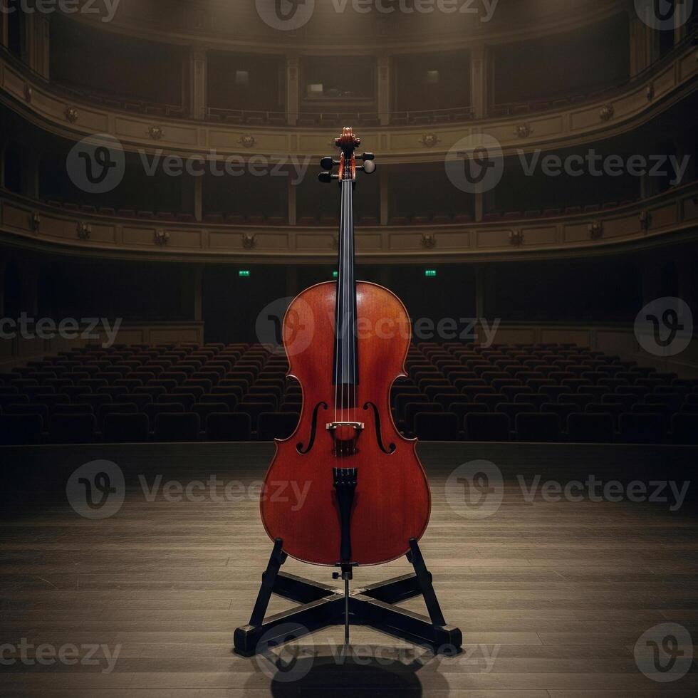 The Silent Overture A Lone Cello Under the Spotlight in an Empty Auditorium. photo