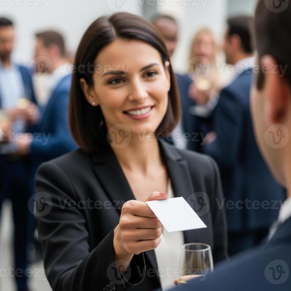 Confident Businesswoman Exchanges Card at Networking Event, Smiling photo