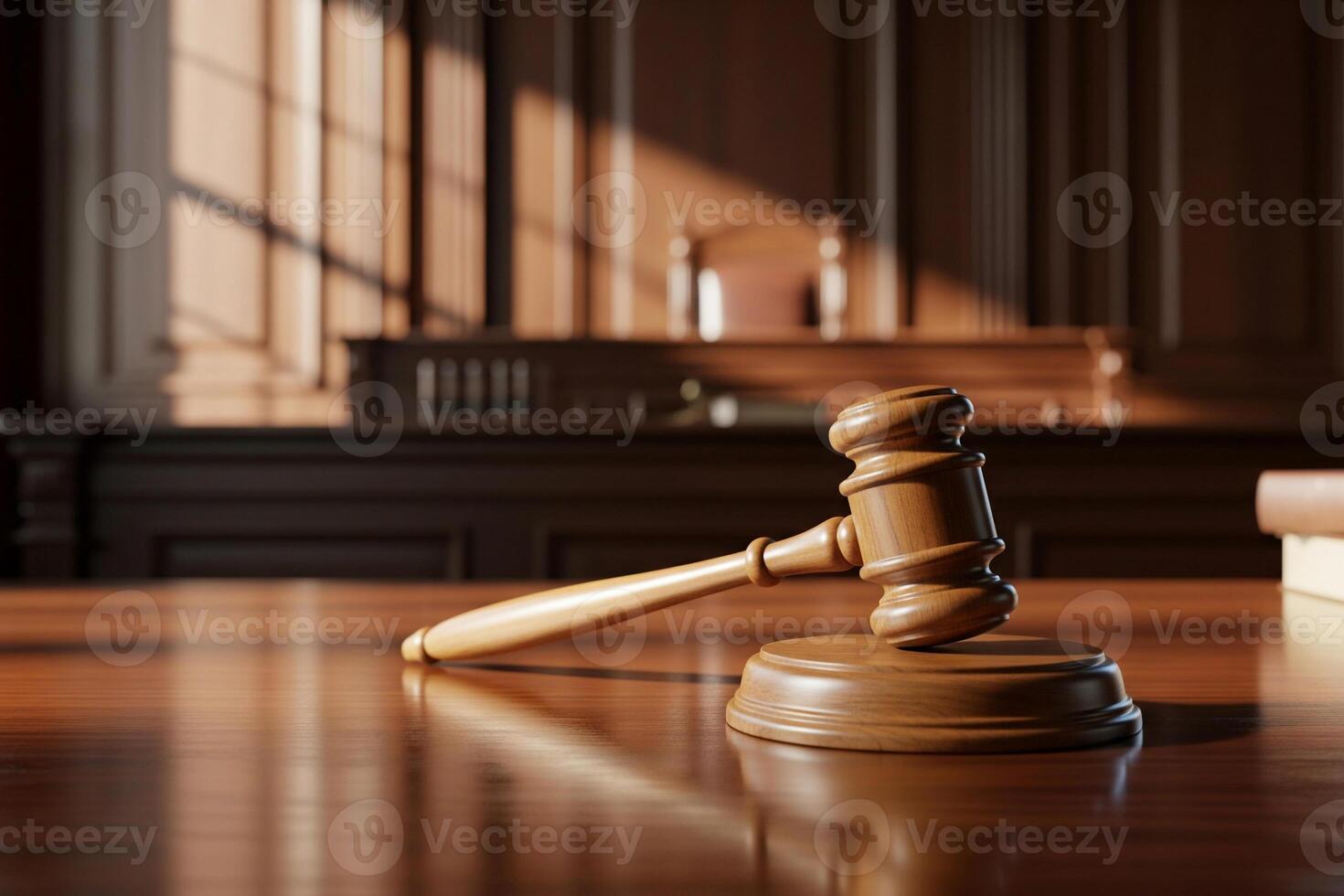 Wooden Gavel and Sounding Block on Polished Table in Courtroom with Dramatic Sunlight photo