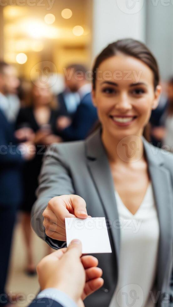 Friendly Businesswoman Offers Blank Business card in a Warmly Lit Conference Setting photo