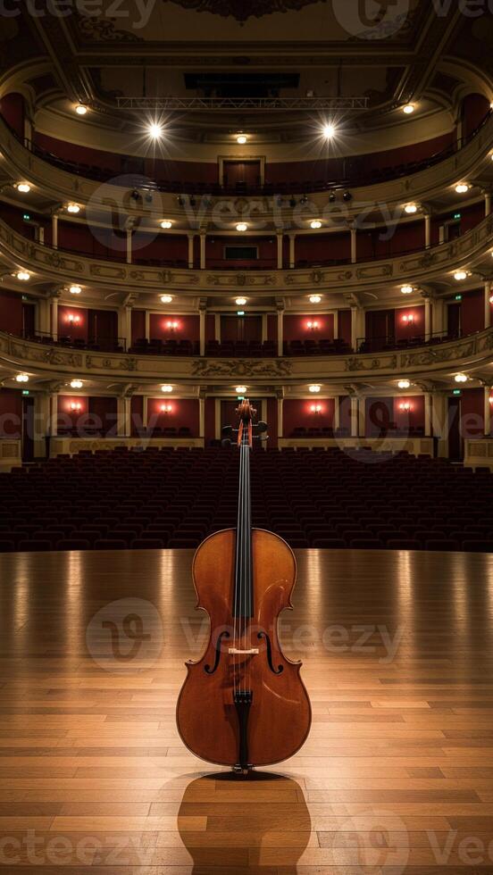 Cello on Empty Stage Awaiting the Maestro's Touch in a Grand Theatre photo